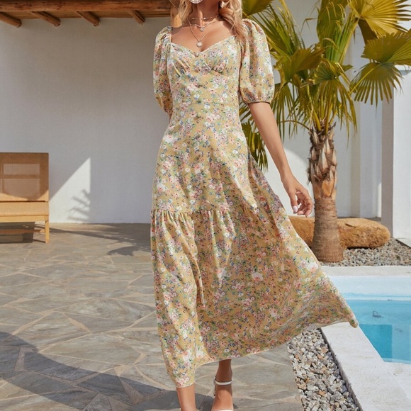 Boho Yellow Floral Button Puff Sleeve Midi Dress - Picture 3 of 6